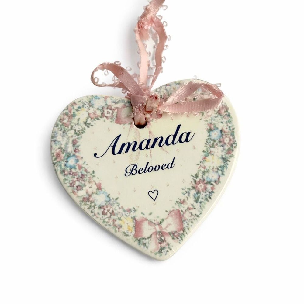 Vintage Amanda Heart-Shaped Ceramic Ornament with Pink Ribbon